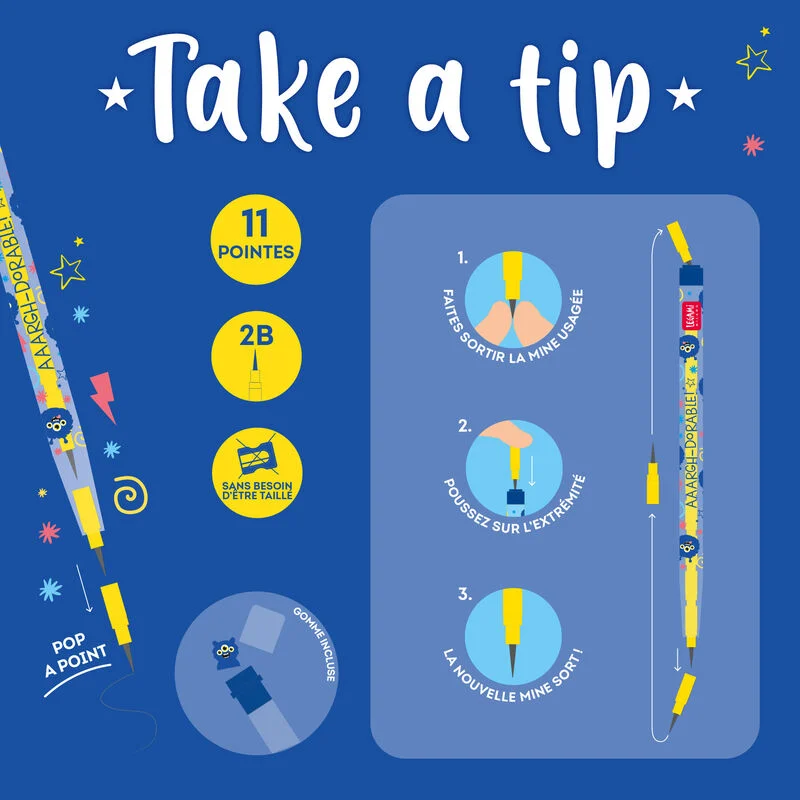 CRAYON EMPILABLE AVEC GOMME - TAKE A TIP - MONSTER