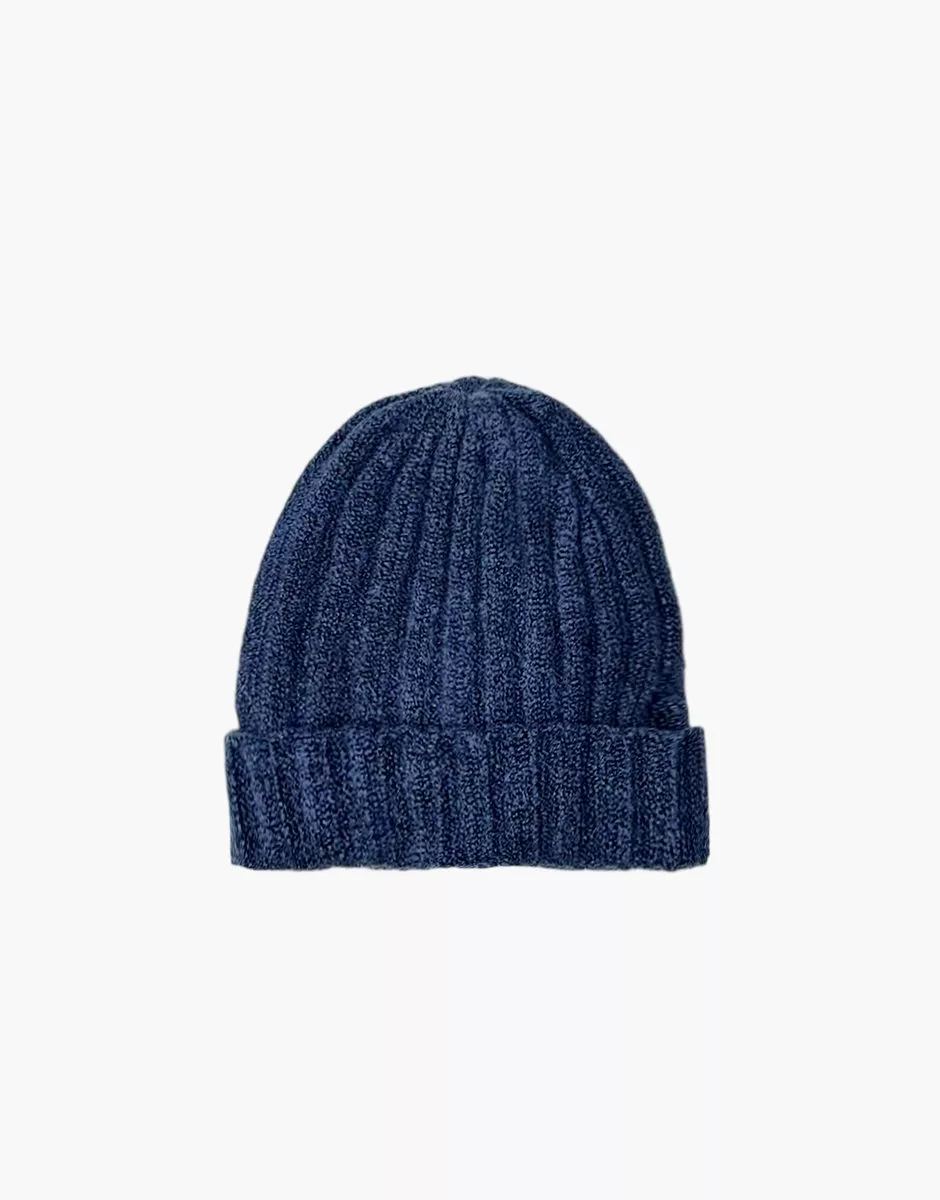 Bonnet Barry en tricot bleu denim et son pochon