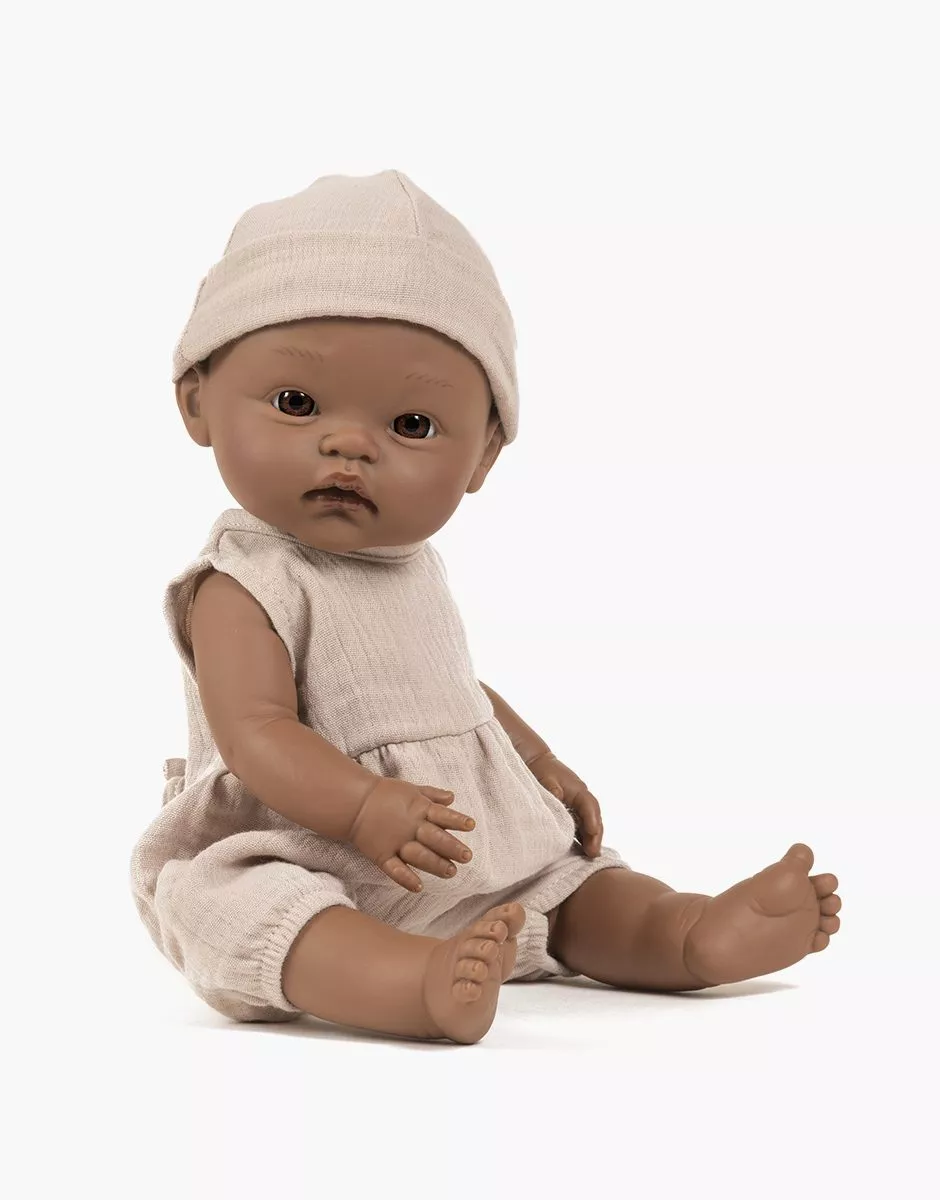 Basile, poupon Cuties 36cm et sa barboteuse Noa en gaze de coton galet avec bonn