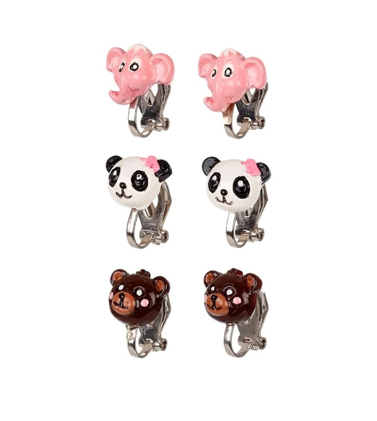 Boucles d'oreilles clips animaux, (3 paires, carte, 1 carte)