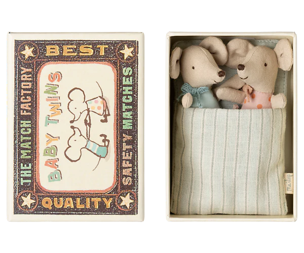 Jumeaux bébés souris dans leur boîte assortie