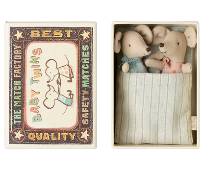 Jumeaux bébés souris dans leur boîte assortie