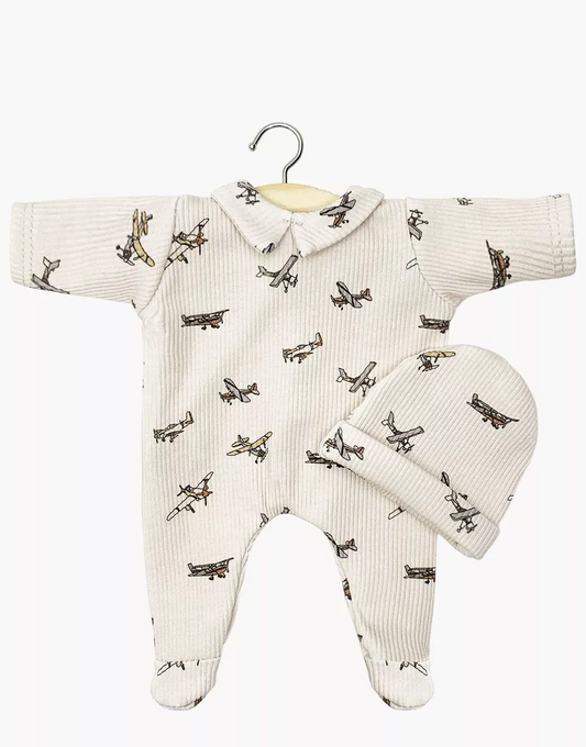 Babies - Dors bien Corentin et son bonnet en maille côtelée Petits avions beige