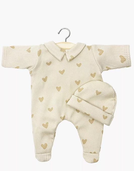 Babies - Dors bien Corentin et son bonnet en maille côtelée Petits coeurs beiges