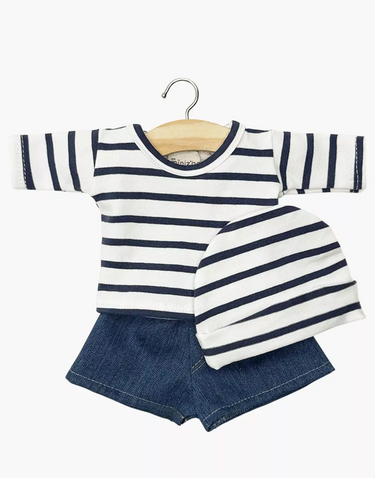 Ensemble marinière à rayures bleu marine et short en jean avec bonnet