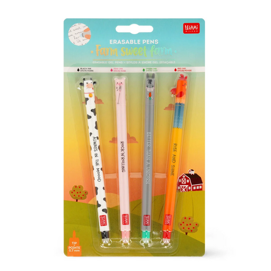 SET OF 4 ERASABLE PENS - COW + PIGGY + DONKEY + ROOSTER