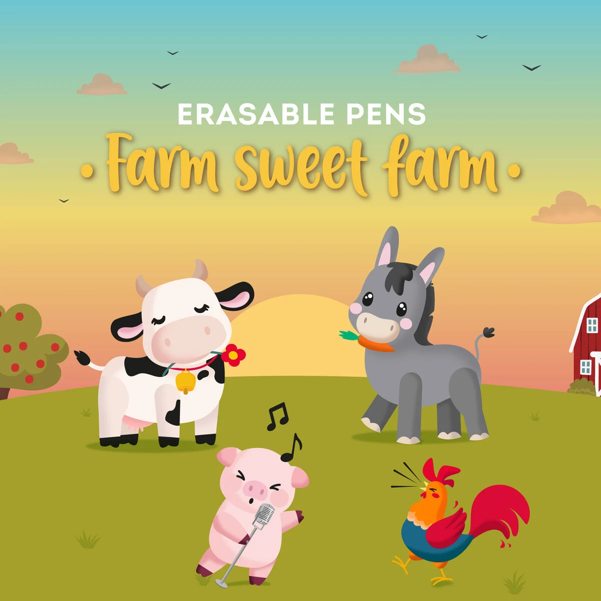 SET OF 4 ERASABLE PENS - COW + PIGGY + DONKEY + ROOSTER