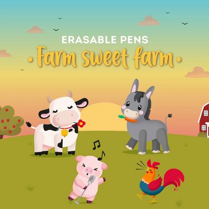 SET OF 4 ERASABLE PENS - COW + PIGGY + DONKEY + ROOSTER