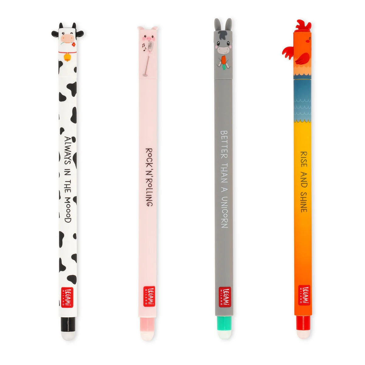 SET OF 4 ERASABLE PENS - COW + PIGGY + DONKEY + ROOSTER