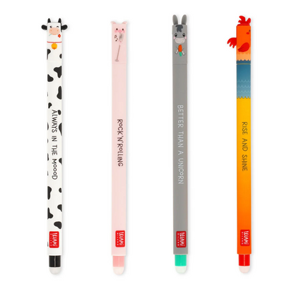 SET OF 4 ERASABLE PENS - COW + PIGGY + DONKEY + ROOSTER