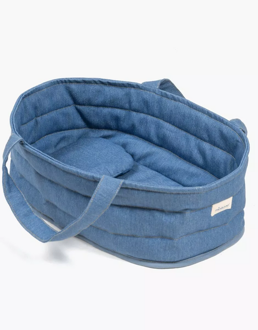 Couffin poupée et son oreiller en jean bleu denim