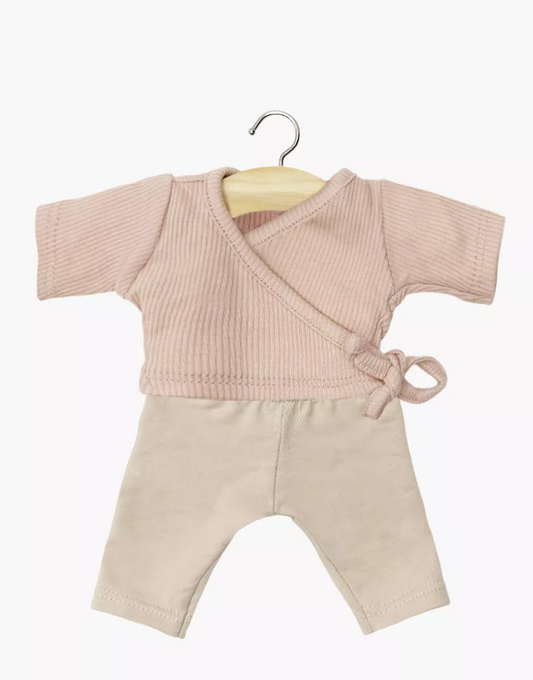 Ensemble cache-coeur Roxane en maille côtelée rose pétale et legging lin