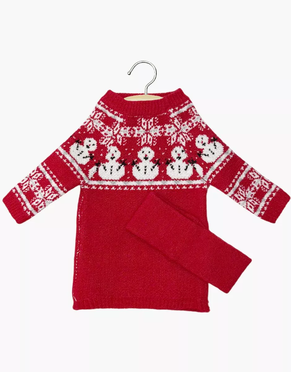 Robe Lena en tricot Bonhomme de neige rouge avec bandeau et son pochon