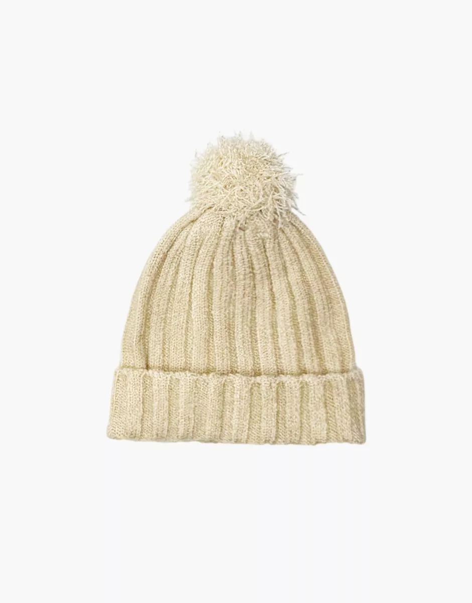 Bonnet Barry en tricot crème avec pompon et son pochon