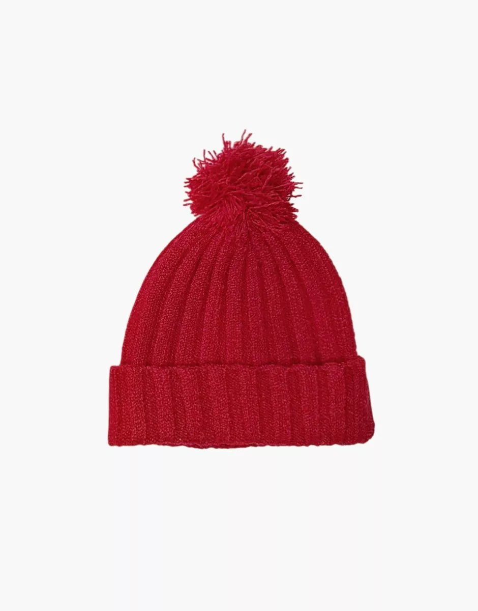 Bonnet Barry en tricot rouge avec pompon et son pochon