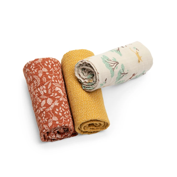 Set de 3 langes imprimés (fêlins/confettits/feuillage) - La Forêt Mawa