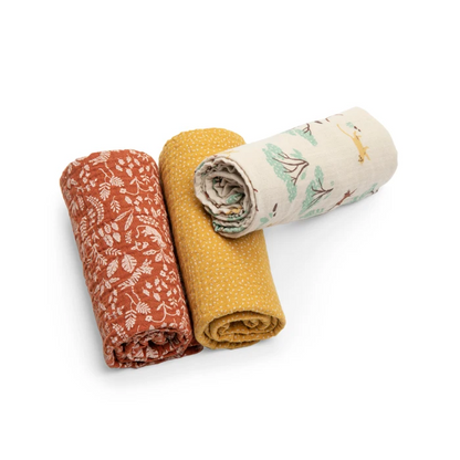 Set de 3 langes imprimés (fêlins/confettits/feuillage) - La Forêt Mawa