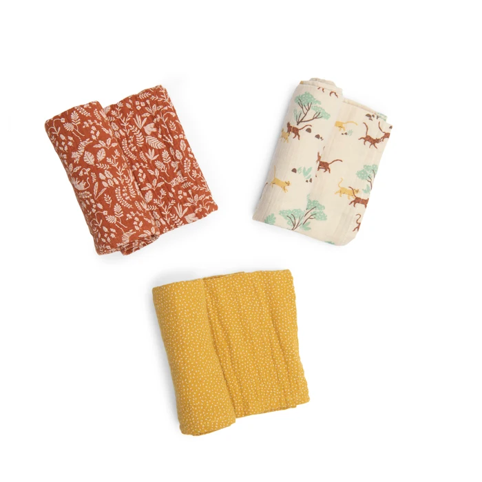 Set de 3 langes imprimés (fêlins/confettits/feuillage) - La Forêt Mawa