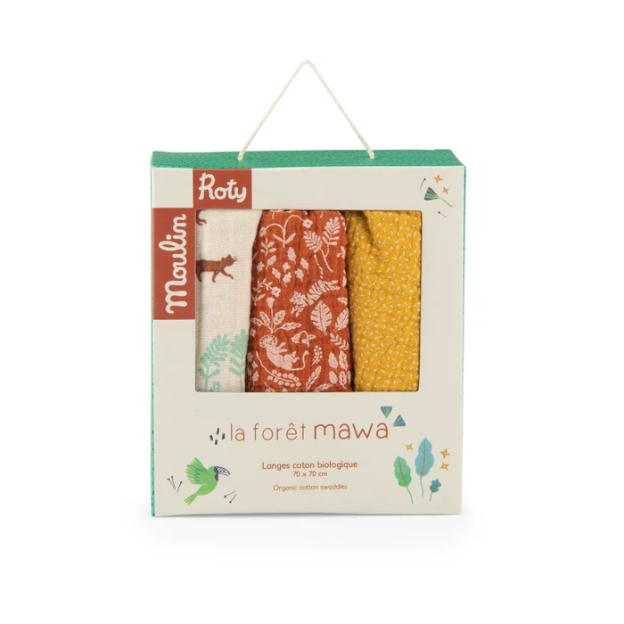 Set de 3 langes imprimés (fêlins/confettits/feuillage) - La Forêt Mawa